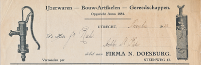 711073 Kop van een nota van de Firma N. Doesburg, IJzerwaren - Bouwartikelen - Gereedschappen, Steenweg 43 te Utrecht, ...